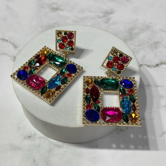 Zara Multi Colored Crystal Square Drop Clip On Earrings - Picture 6 of 12